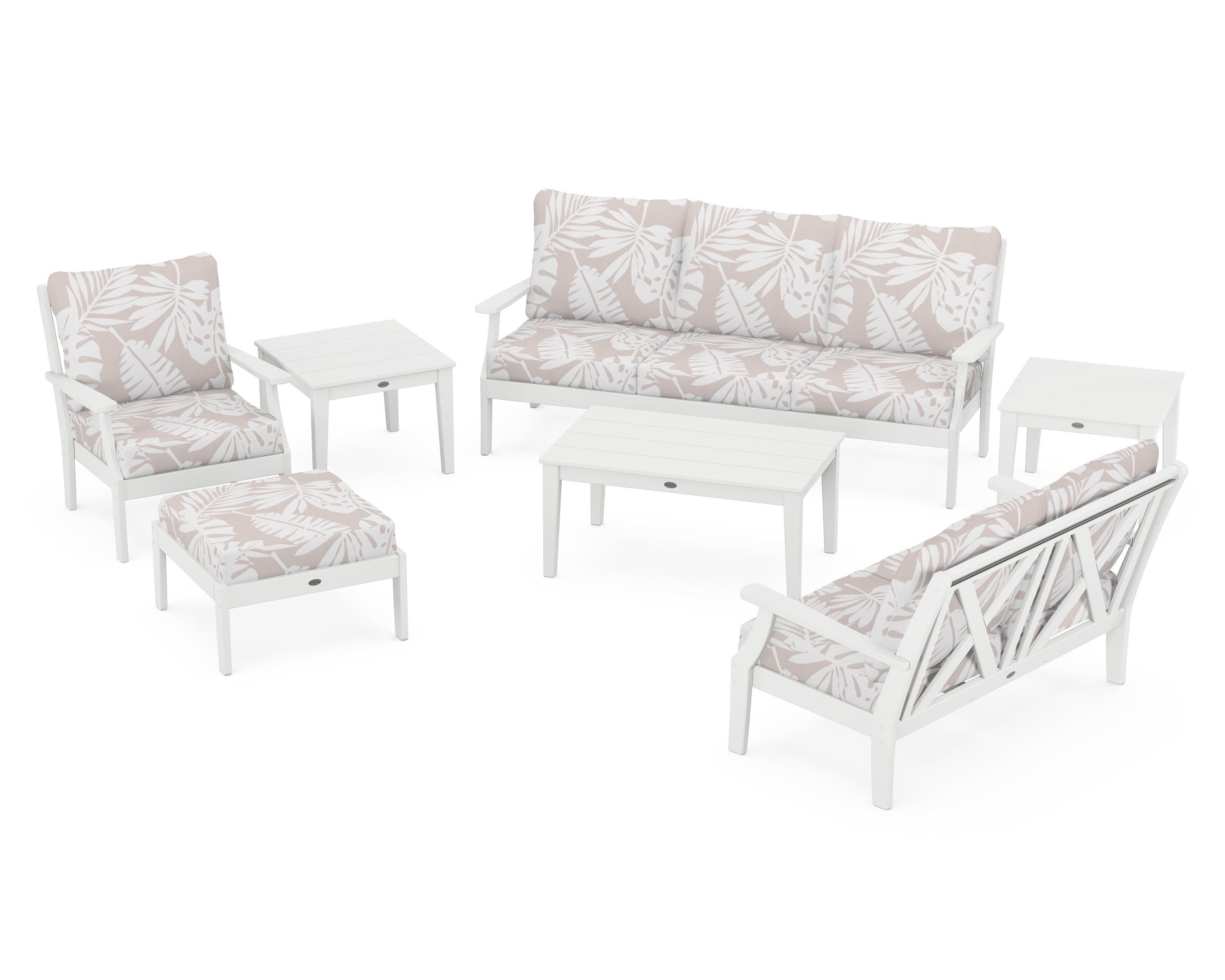 POLYWOOD® Braxton 7-Piece Deep Seating Set in White / Leaf Dune Burlap