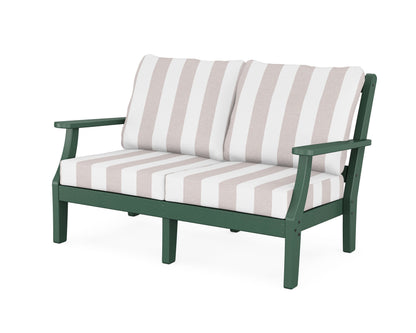 Martha Stewart by POLYWOOD® Chinoiserie Deep Seating Loveseat in Green / Cabana Stripe Dune Burlap
