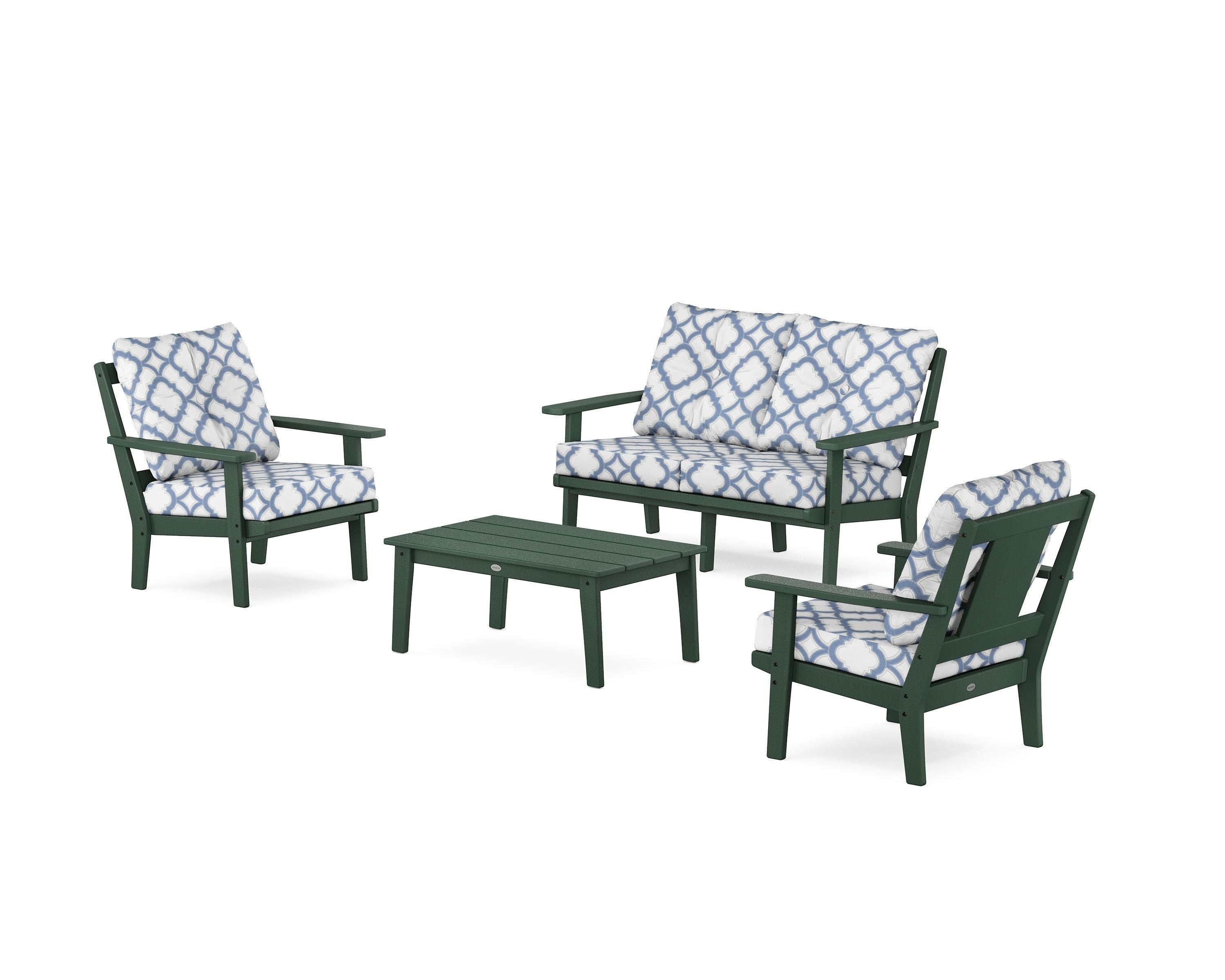 POLYWOOD® Prairie 4-Piece Deep Seating Set with Loveseat in Green / Trellis Sky Blue