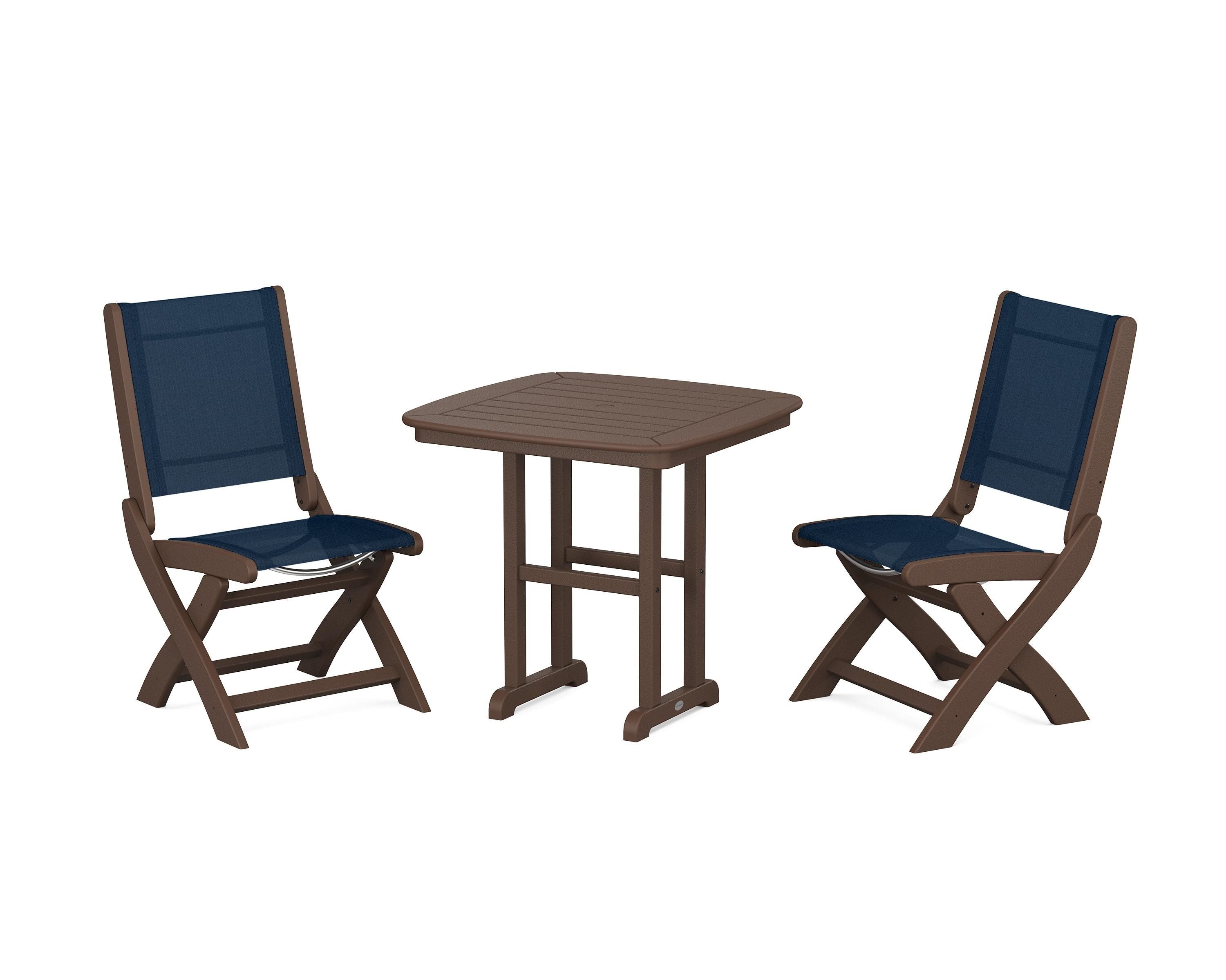 POLYWOOD® Coastal Folding Side Chair 3-Piece Dining Set in Mahogany / Navy Blue Sling