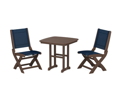 POLYWOOD® Coastal Folding Side Chair 3-Piece Dining Set in Mahogany / Navy Blue Sling