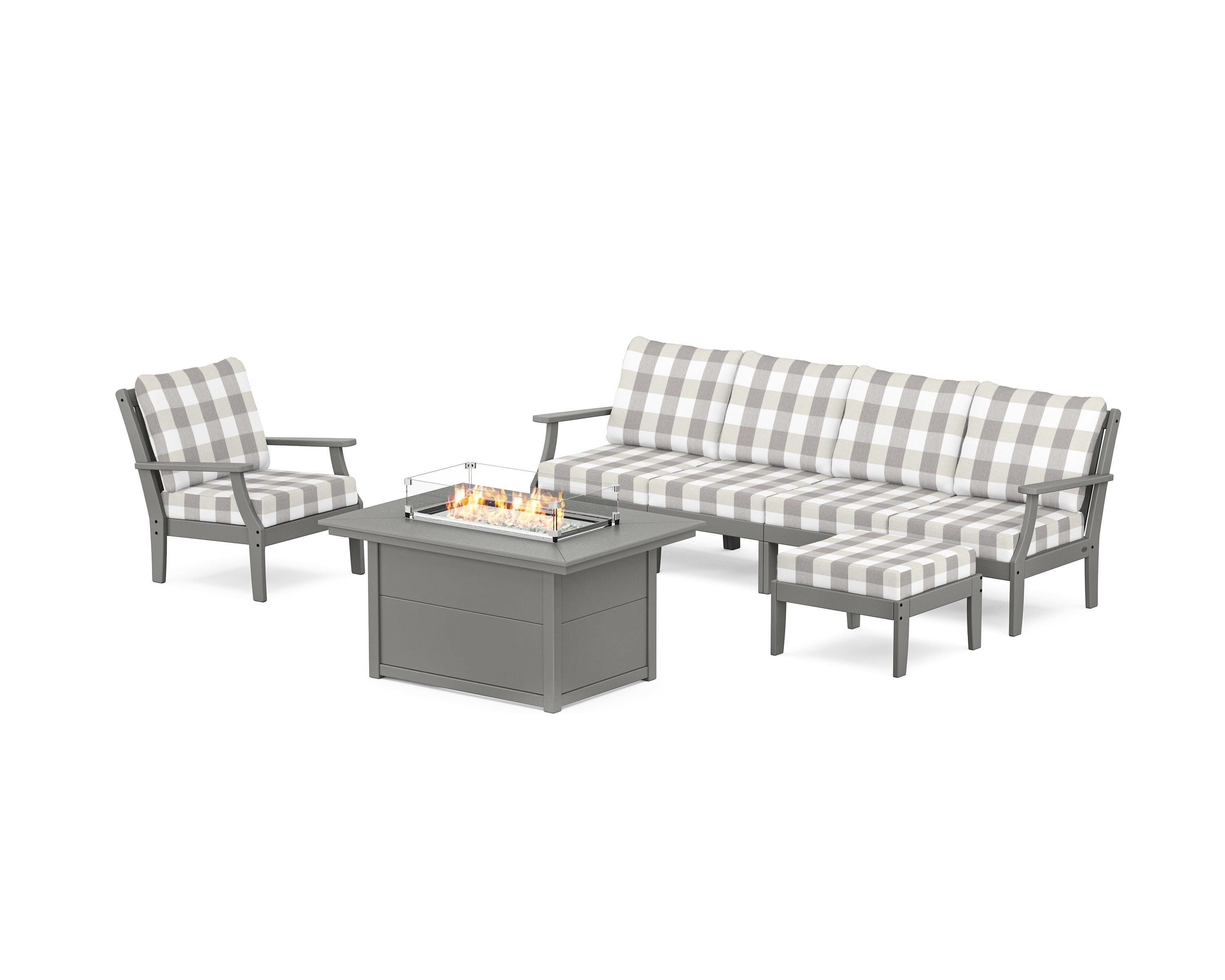 POLYWOOD® Braxton Sectional Lounge and Fire Pit Set in Slate Grey / Buffalo Plaid Grey Mist