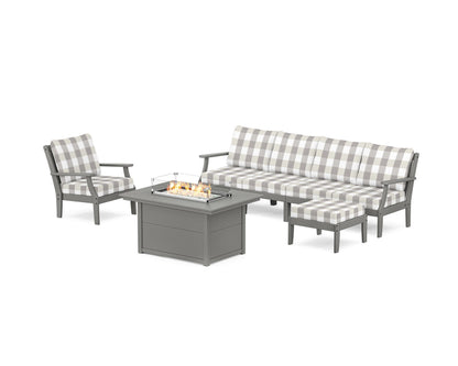 POLYWOOD® Braxton Sectional Lounge and Fire Pit Set in Slate Grey / Buffalo Plaid Grey Mist