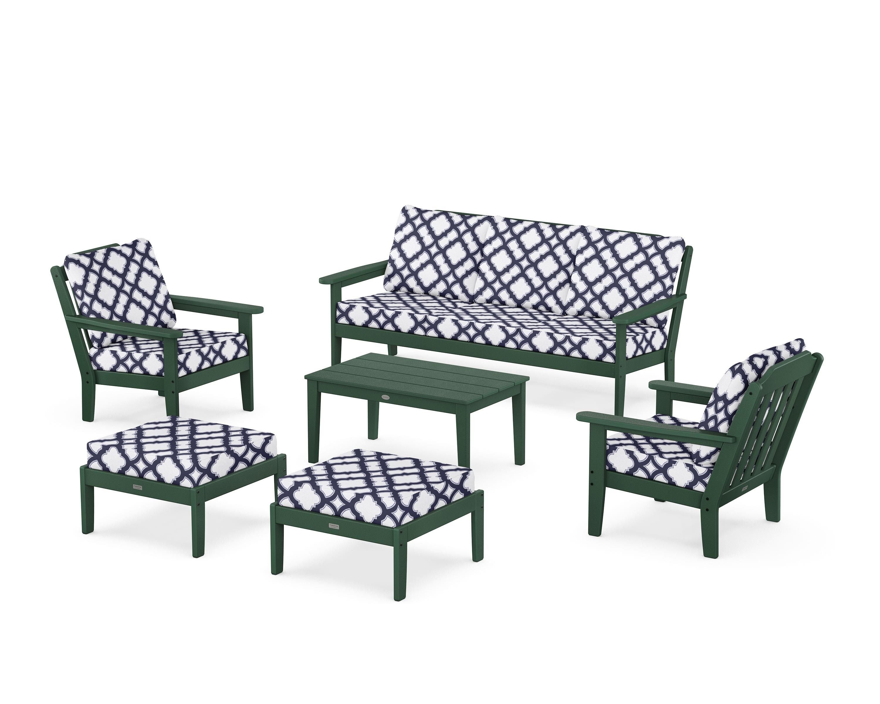 Country Living Cottage 6-Piece Lounge Sofa Set in Green / Trellis Navy
