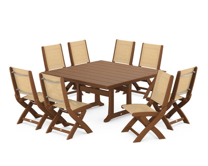 POLYWOOD® Coastal Folding Side Chair 9-Piece Farmhouse Dining Set in Teak / Dupioni Apricot Sling