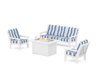 POLYWOOD® Vineyard Deep Seating Fire Pit Table Set in White / Cabana Stripe Sky Blue