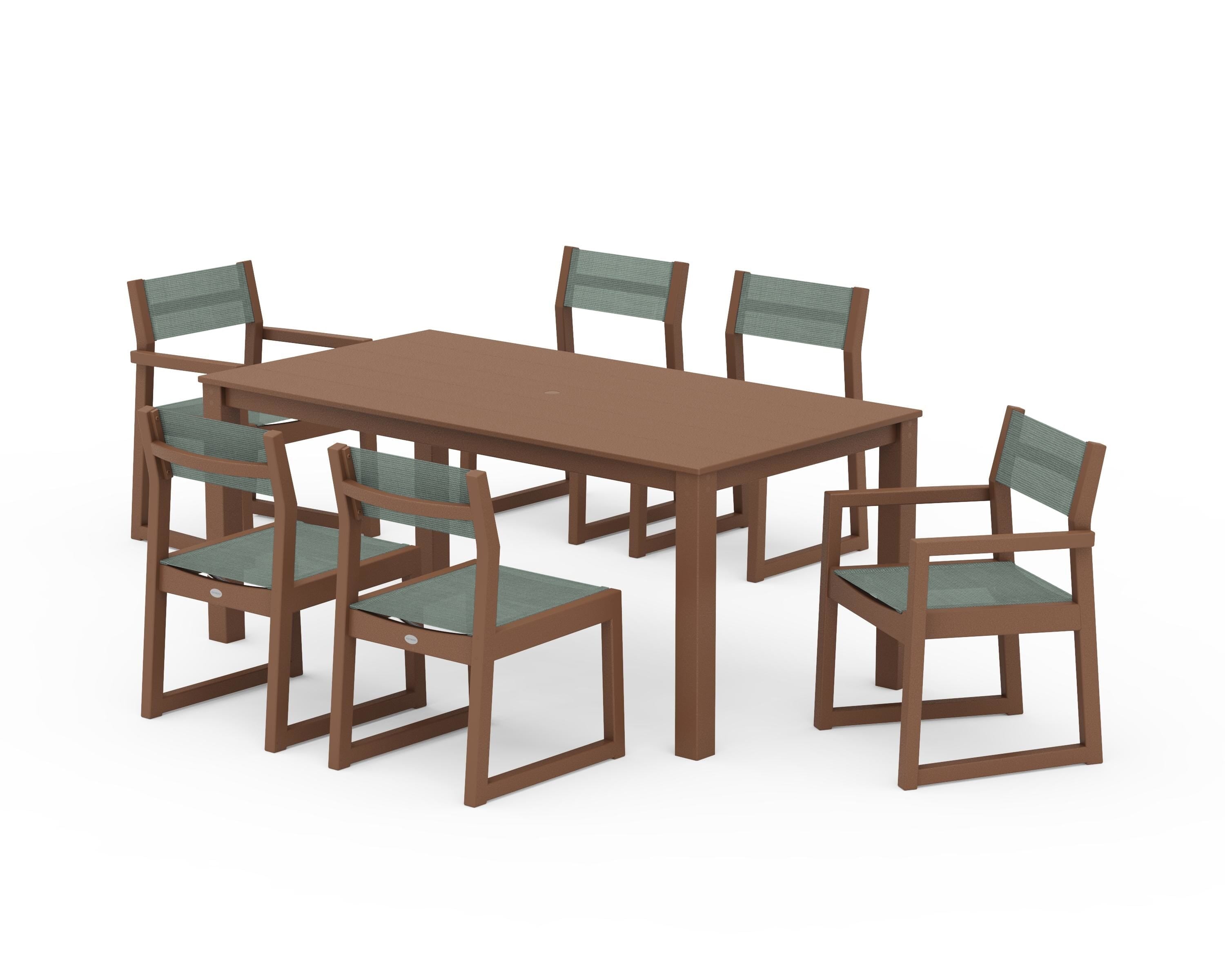 POLYWOOD® EDGE Sling 7-Piece Parsons Dining Set in Teak / Dupioni Sea Mist Sling