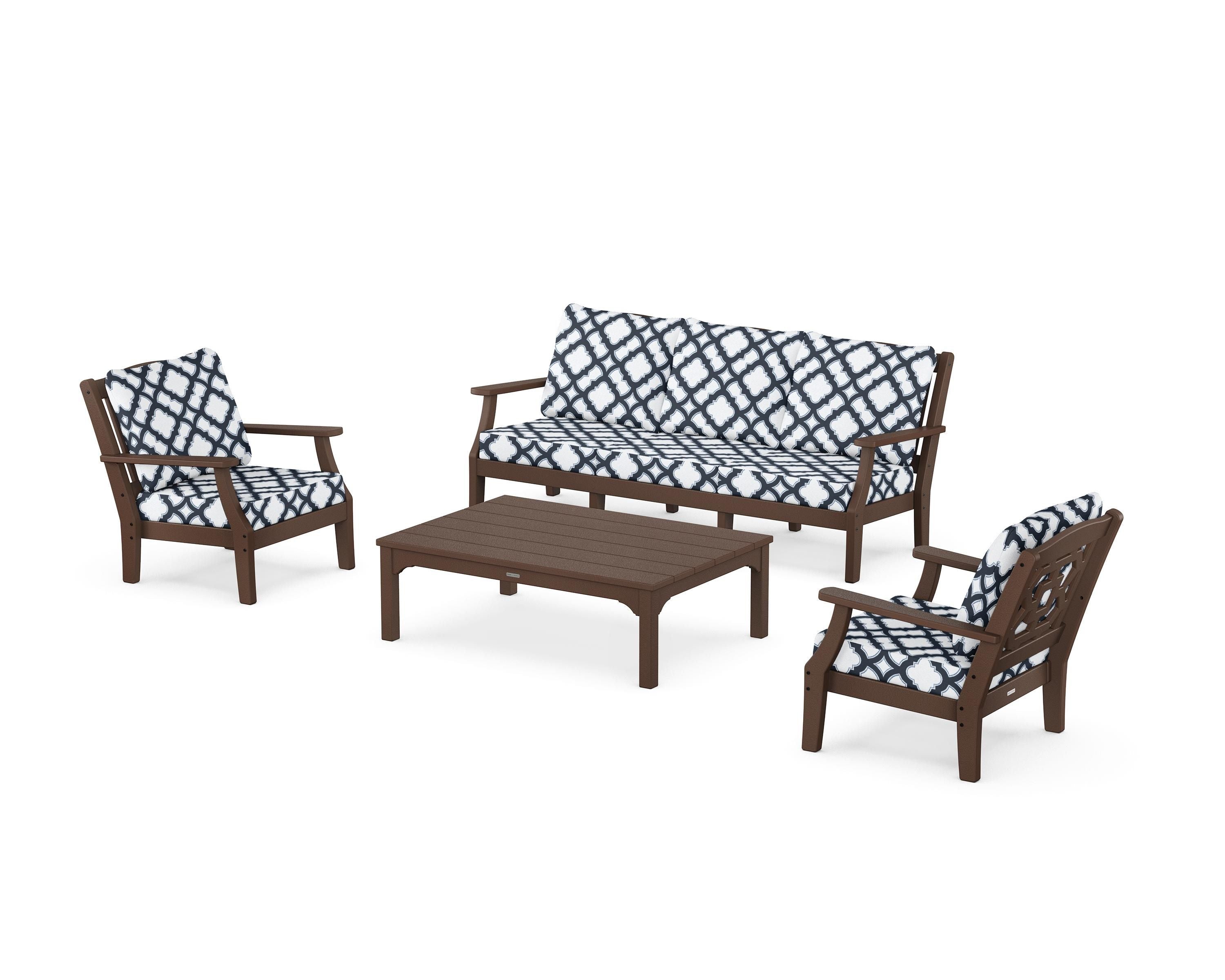 Martha Stewart by POLYWOOD® Chinoiserie 4-Piece Deep Seating Set with Sofa in Mahogany / Trellis Marine Indigo