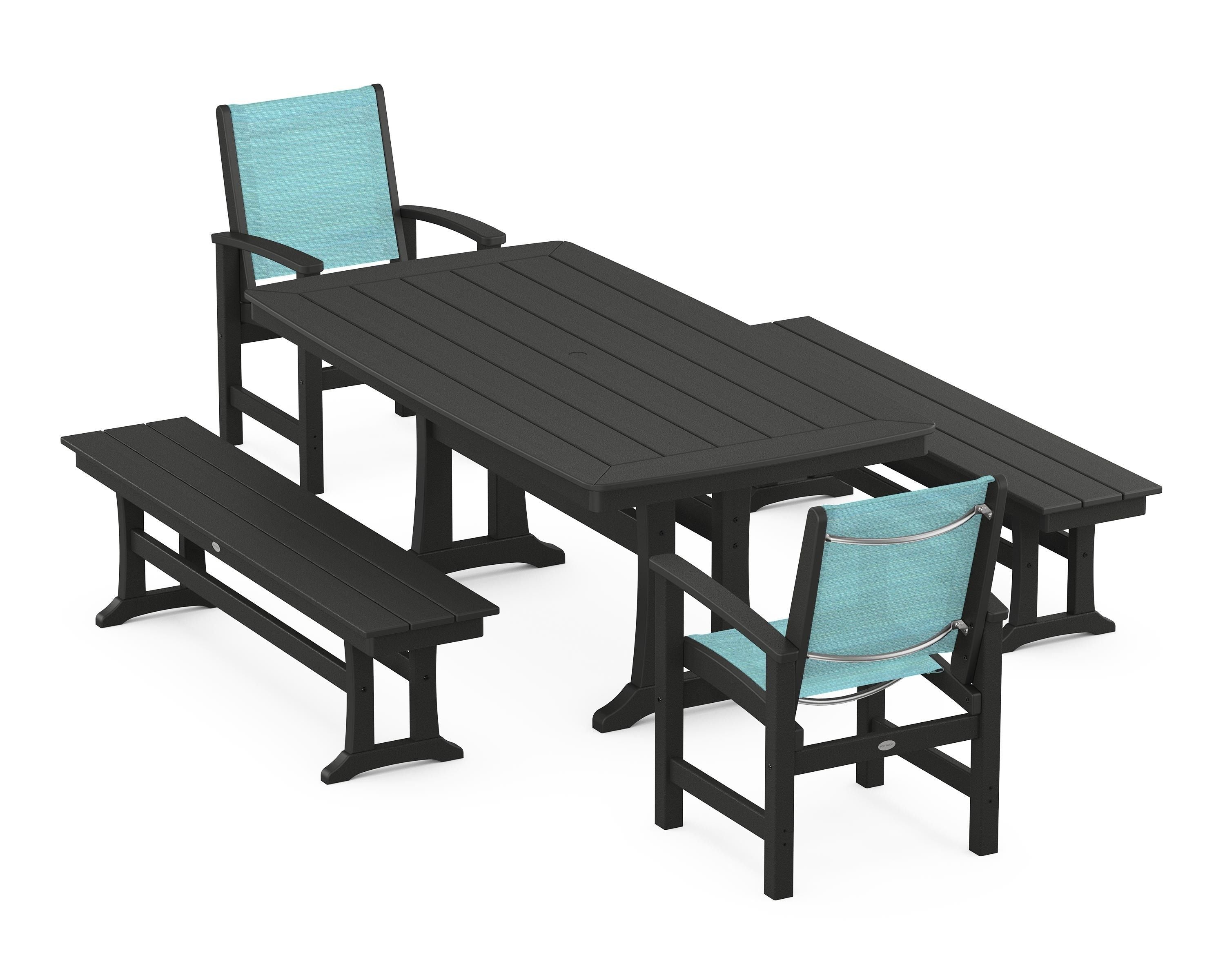 POLYWOOD® Coastal 5-Piece Dining Set with Trestle Legs and Benches in Black / Dupioni Aquamarine Sling