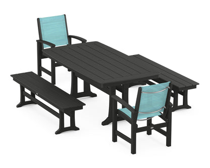 POLYWOOD® Coastal 5-Piece Dining Set with Trestle Legs and Benches in Black / Dupioni Aquamarine Sling