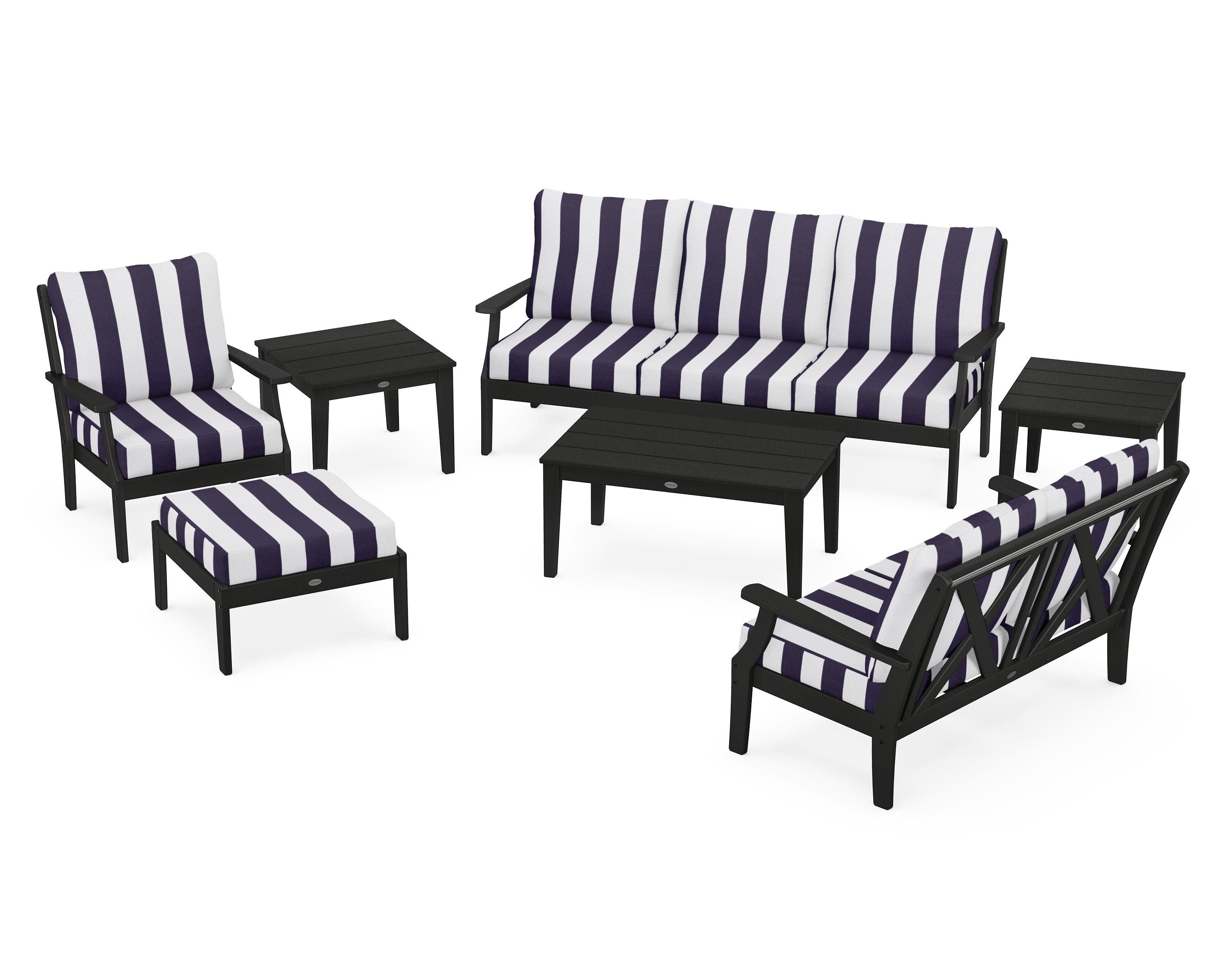 POLYWOOD® Braxton 7-Piece Deep Seating Set in Black / Cabana Stripe Navy