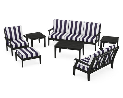 POLYWOOD® Braxton 7-Piece Deep Seating Set in Black / Cabana Stripe Navy