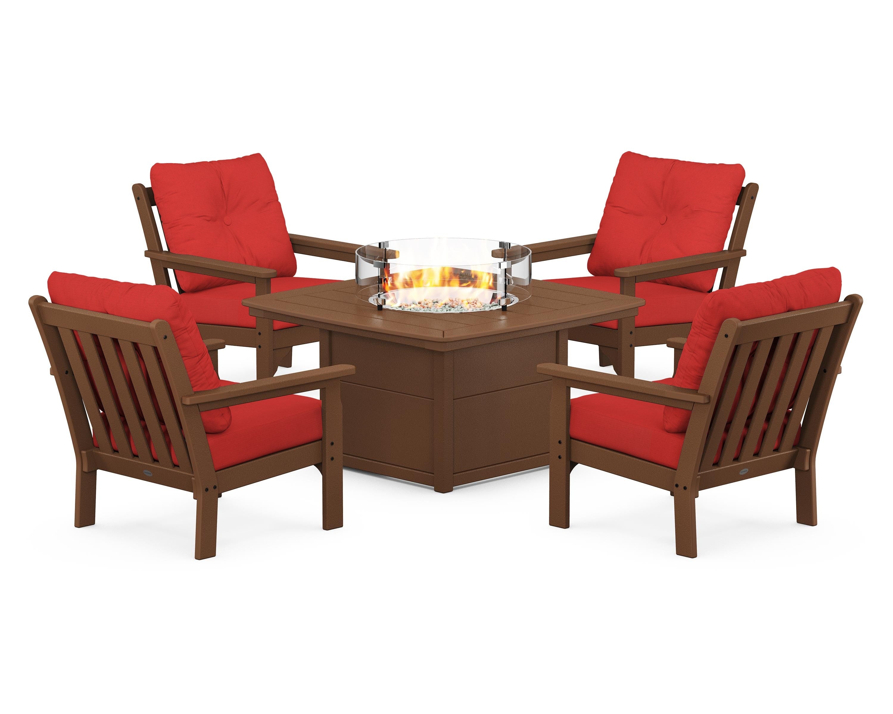 POLYWOOD® Vineyard 5-Piece Conversation Set with Fire Pit Table in Teak / Crimson Linen