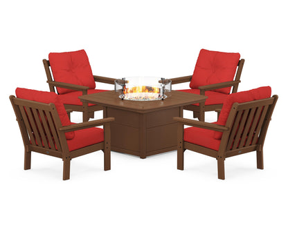 POLYWOOD® Vineyard 5-Piece Conversation Set with Fire Pit Table in Teak / Crimson Linen