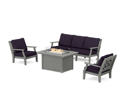 Martha Stewart by POLYWOOD® Chinoiserie Deep Seating Fire Pit Table Set in Slate Grey / Navy Linen
