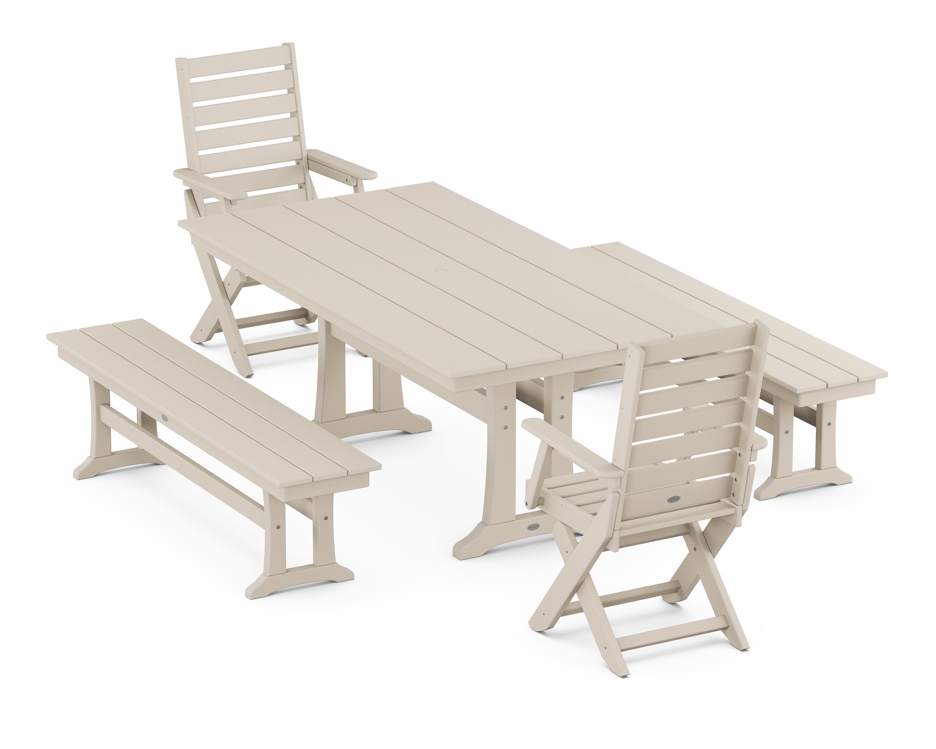 POLYWOOD® Captain Folding Chair 5-Piece Farmhouse Dining Set With Trestle Legs in Sand