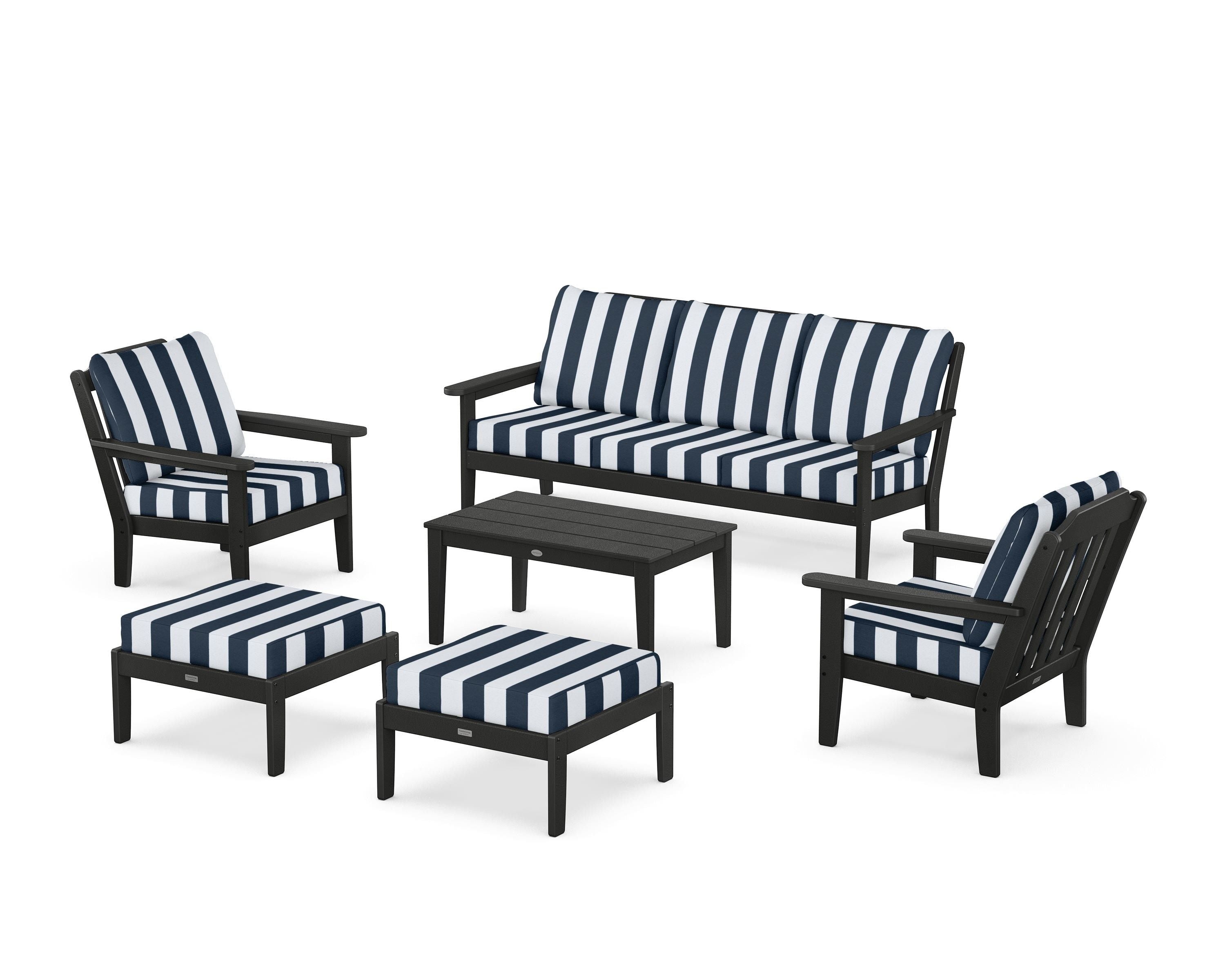 Country Living Cottage 6-Piece Lounge Sofa Set in Black / Cabana Stripe Marine Indigo