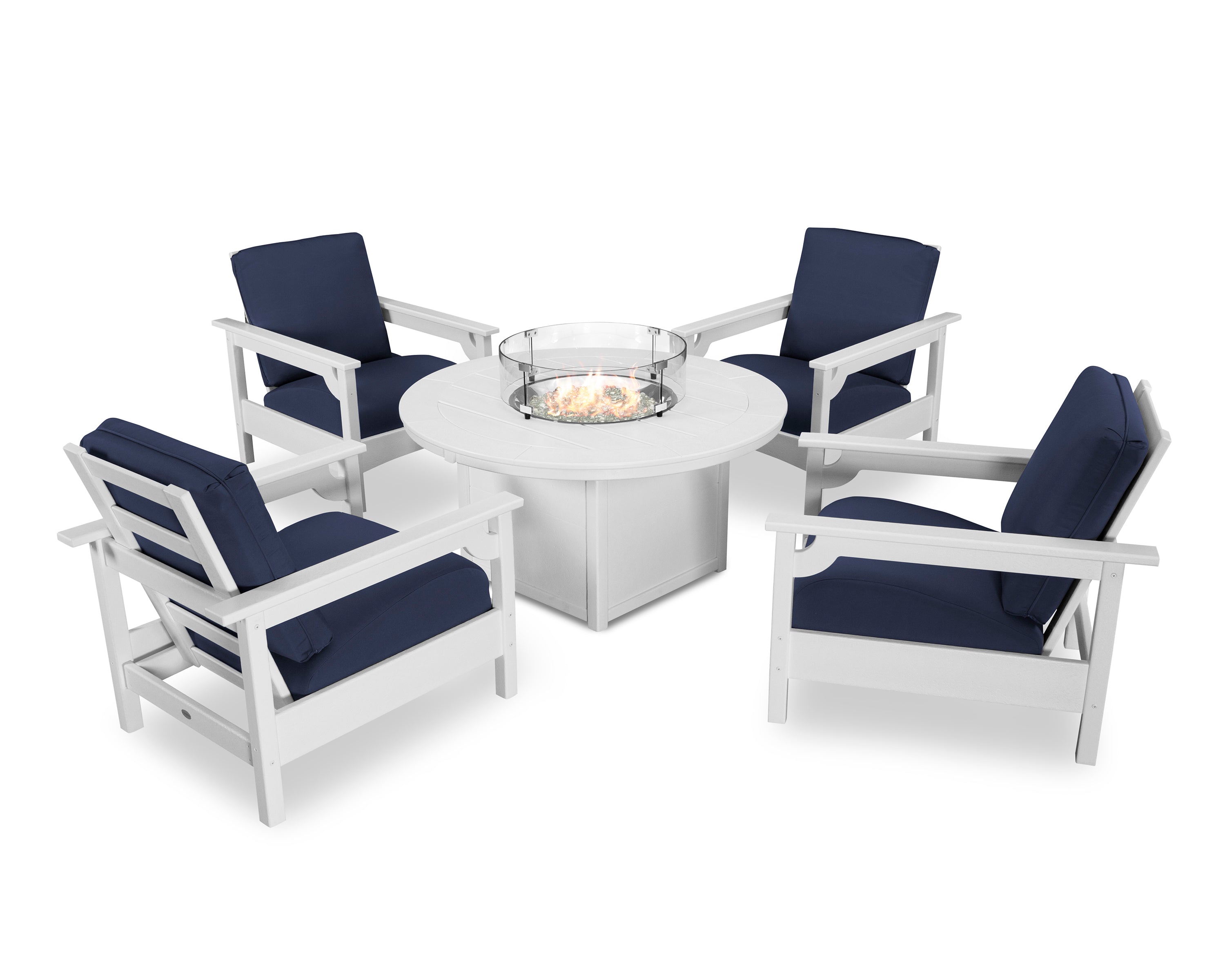 POLYWOOD® Club 5-Piece Conversation Set with Fire Pit Table in White / Navy
