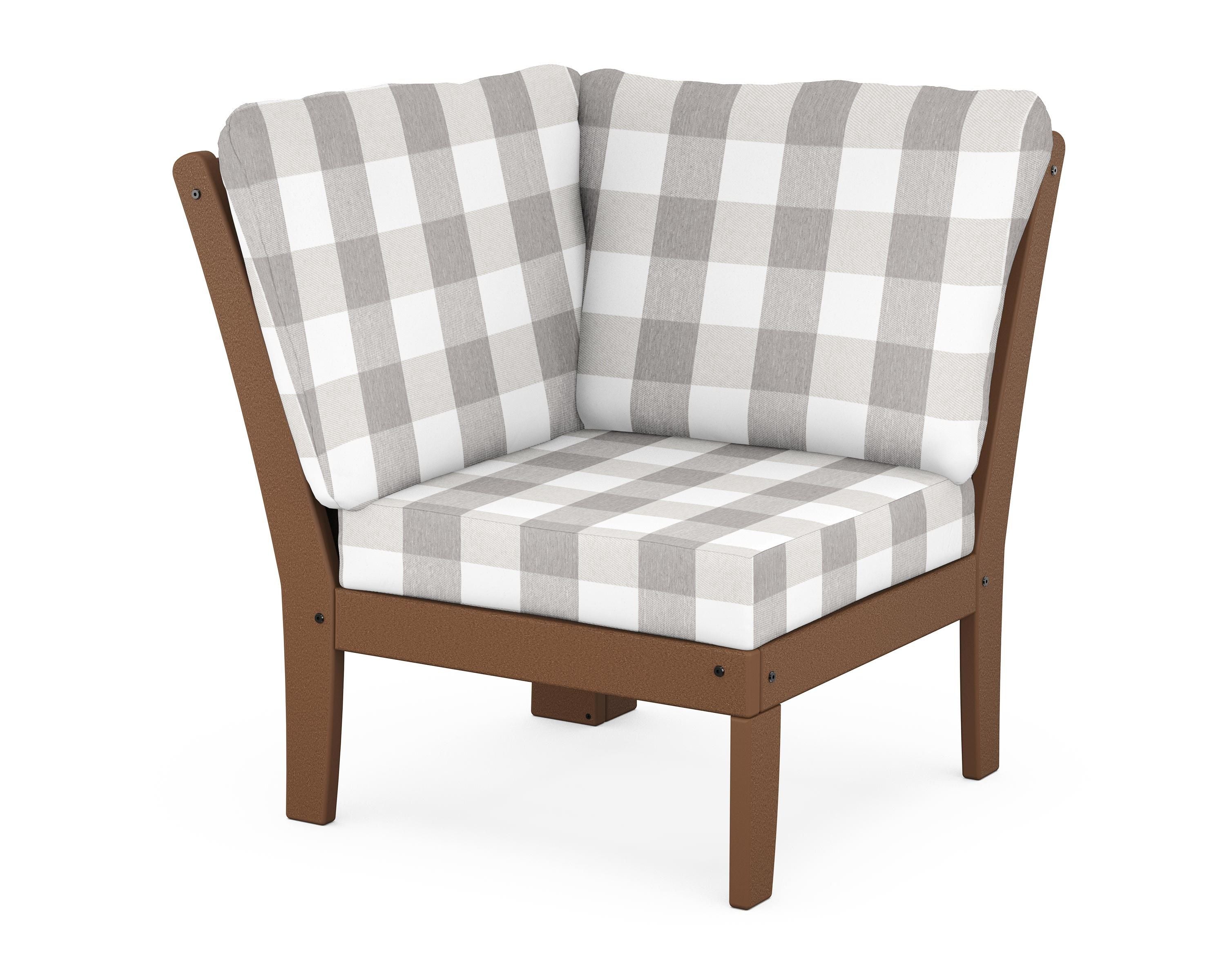 POLYWOOD® Braxton Modular Corner Chair in Teak / Buffalo Plaid Grey Mist