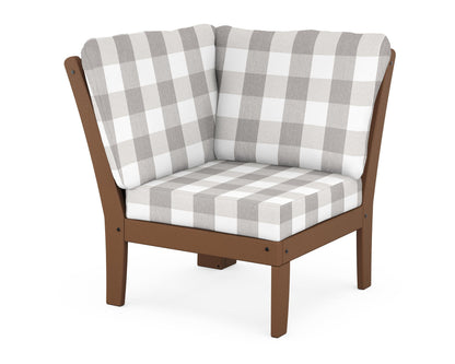 POLYWOOD® Braxton Modular Corner Chair in Teak / Buffalo Plaid Grey Mist
