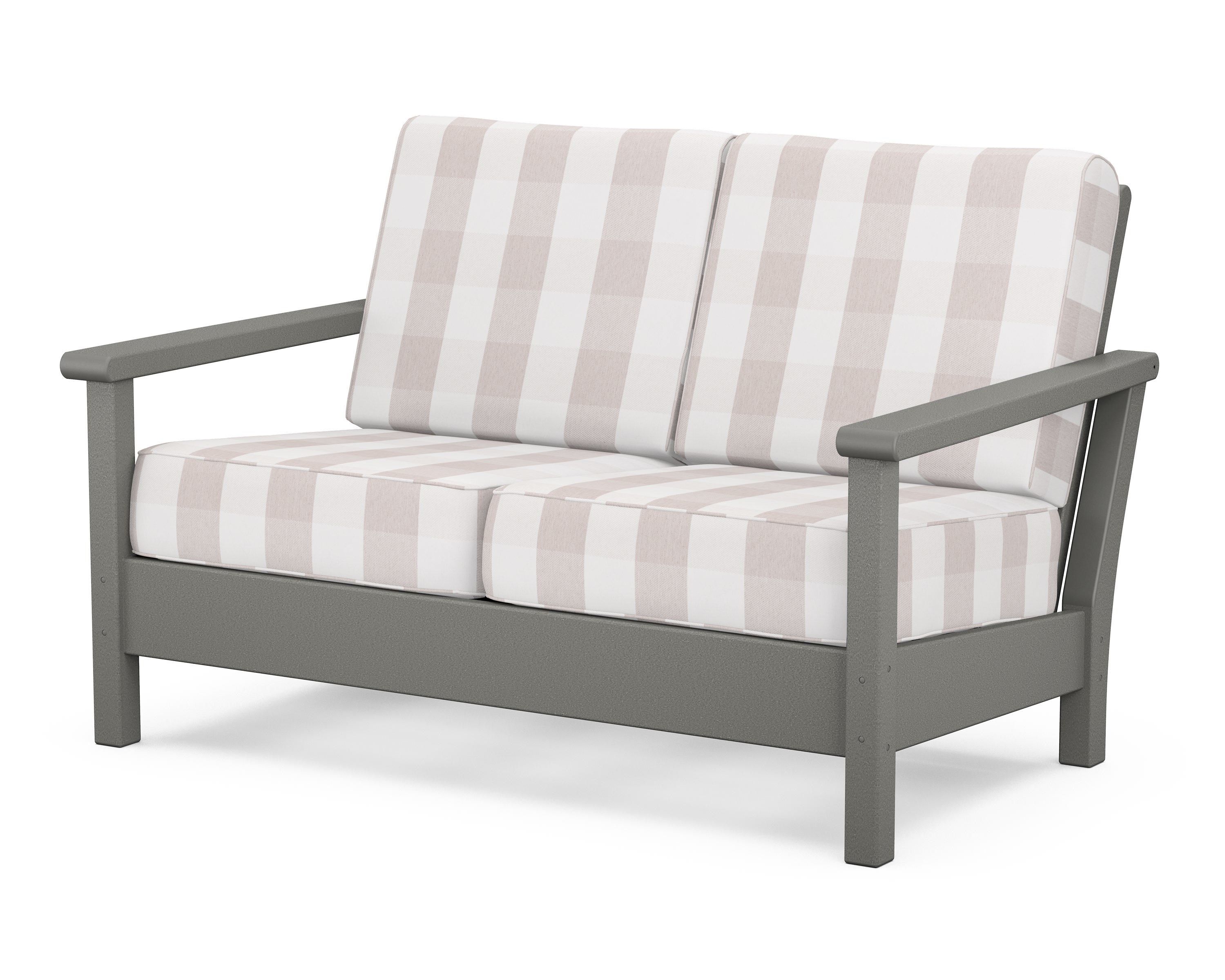 POLYWOOD® Harbour Deep Seating Loveseat in Slate Grey / Buffalo Plaid Dune Burlap