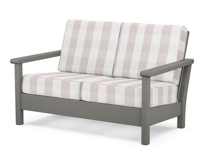 POLYWOOD® Harbour Deep Seating Loveseat in Slate Grey / Buffalo Plaid Dune Burlap