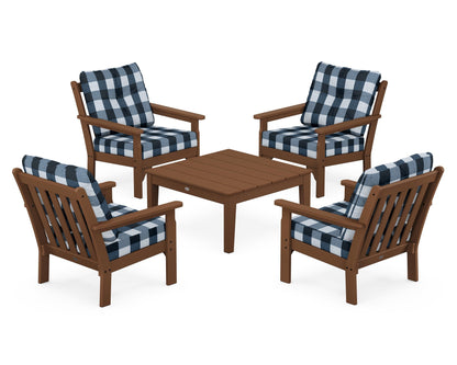 POLYWOOD® Vineyard 5-Piece Deep Seating Conversation Set in Teak / Buffalo Plaid Marine Indigo