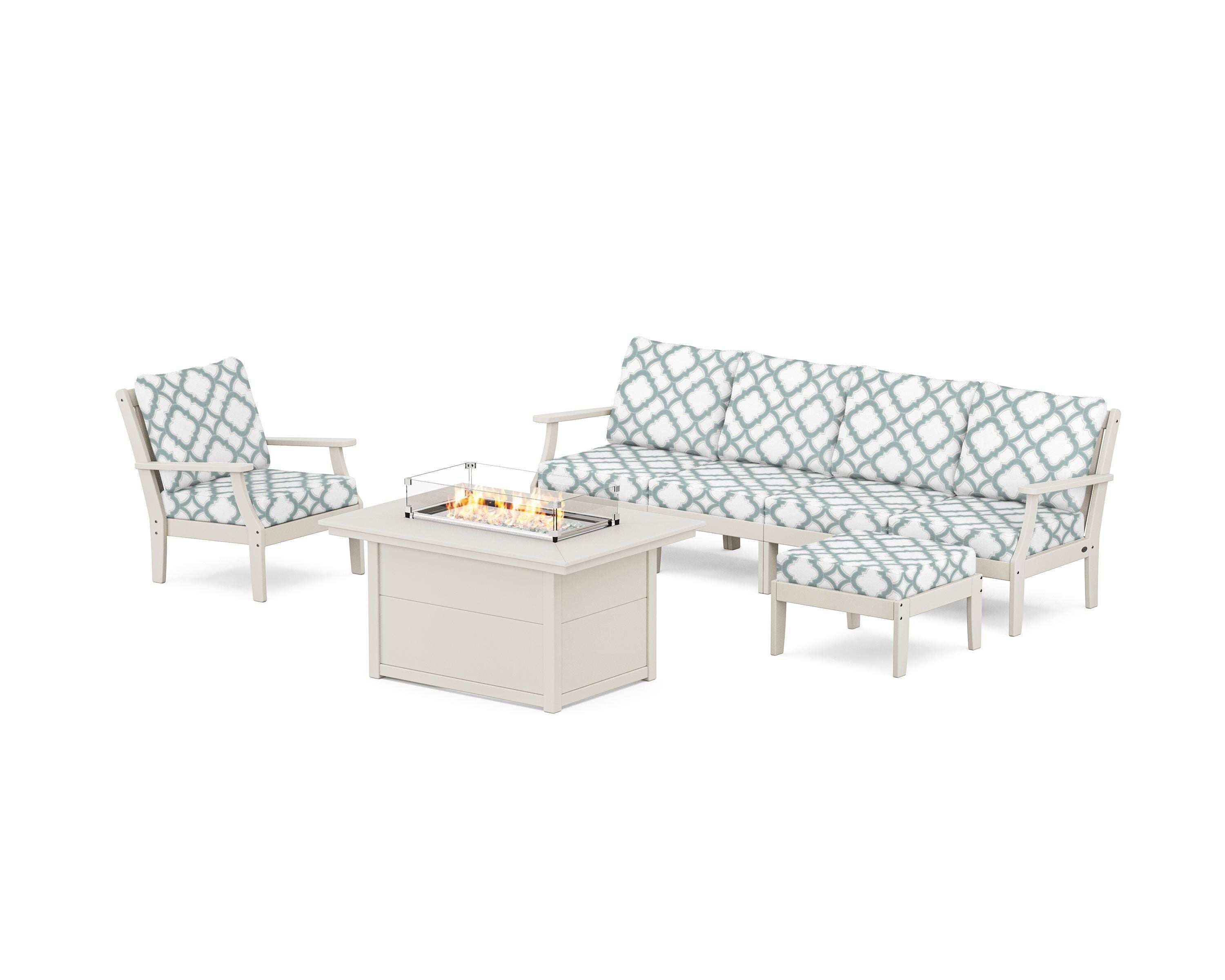 POLYWOOD® Braxton Sectional Lounge and Fire Pit Set in Sand / Trellis Glacier Spa