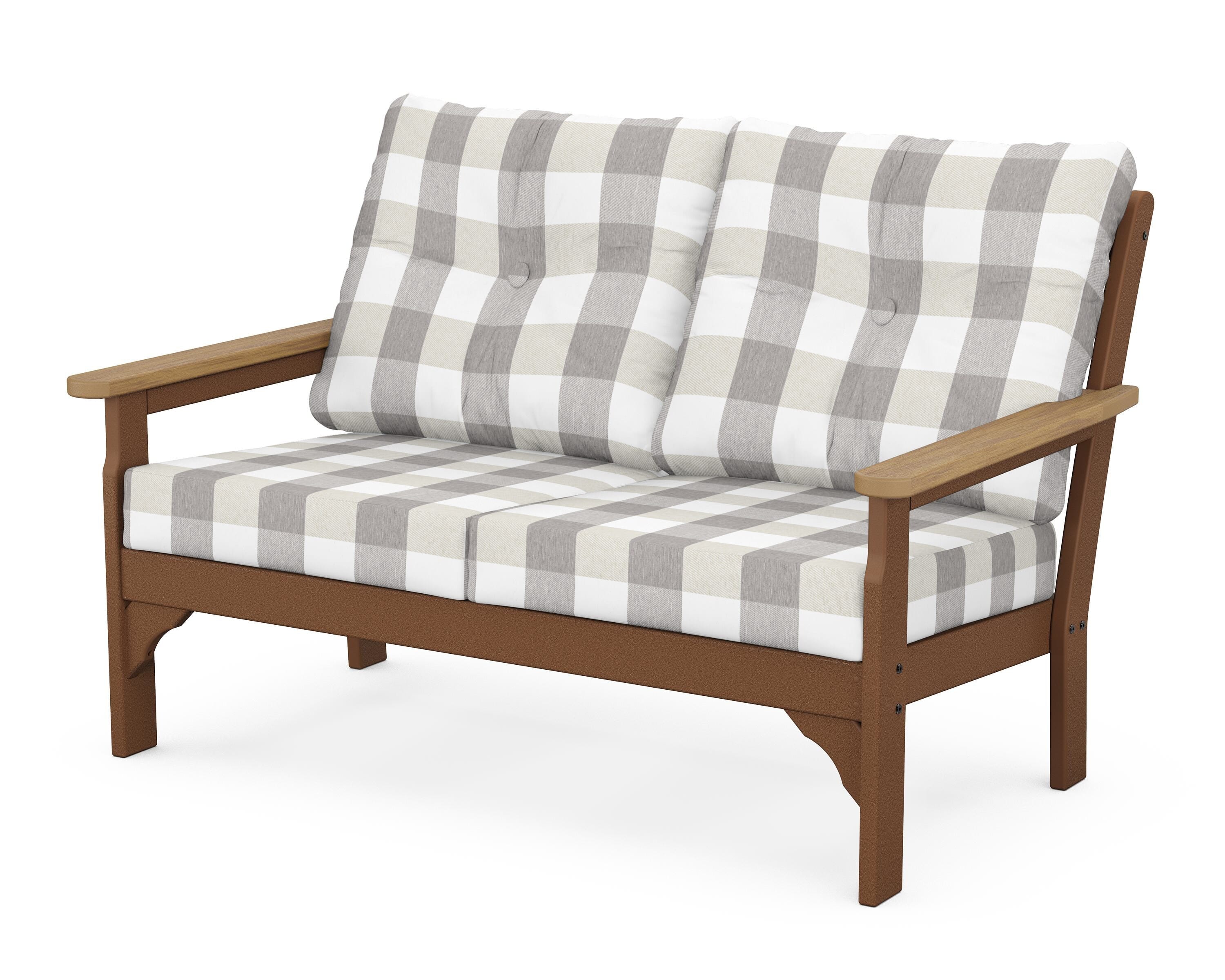 POLYWOOD® Vineyard Deep Seating Loveseat in Teak / Natural / Buffalo Plaid Grey Mist