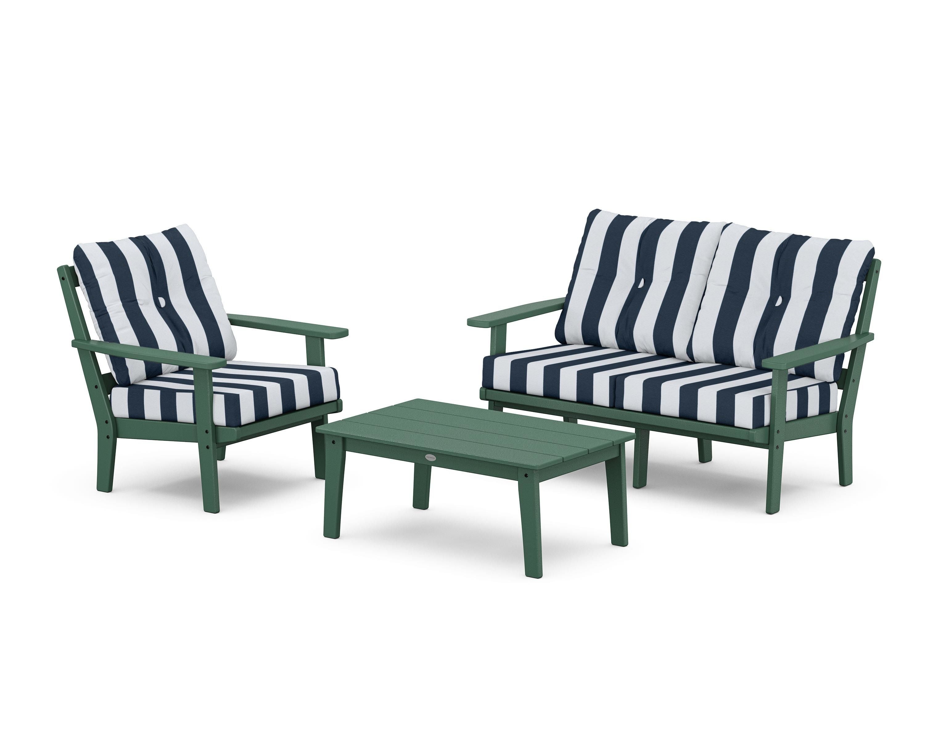 POLYWOOD® Prairie 3-Piece Deep Seating Set with Loveseat in Green / Cabana Stripe Marine Indigo
