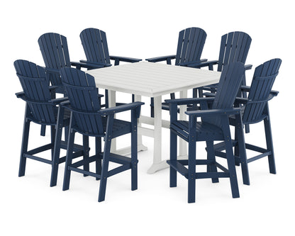 POLYWOOD® Nautical Curveback Adirondack 9-Piece Trestle Bar Set in Navy / White