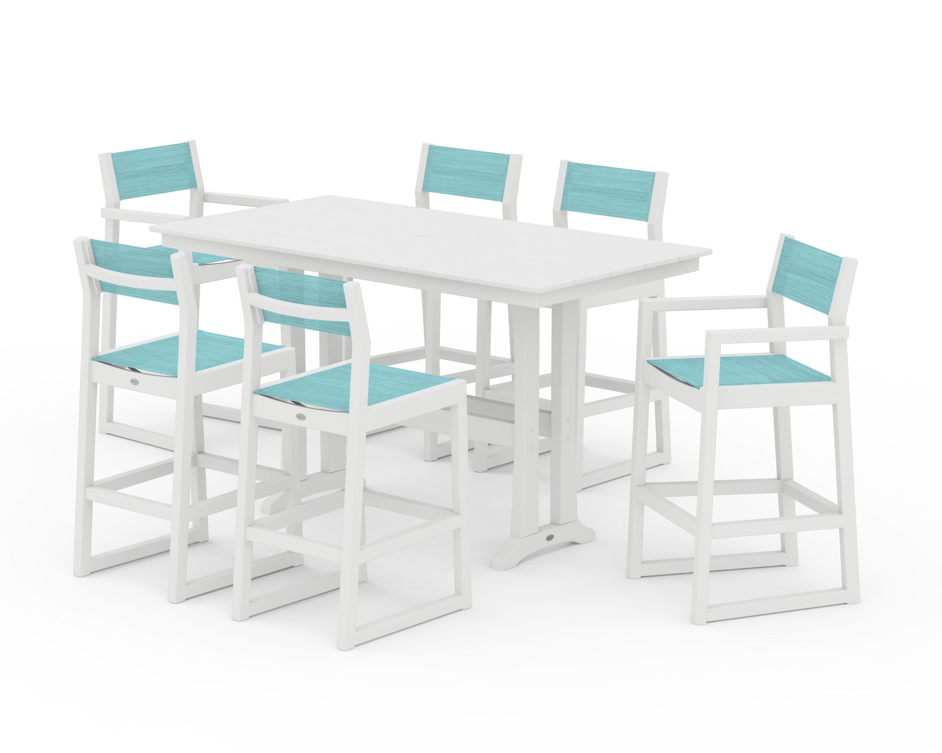 POLYWOOD® EDGE Sling 7-Piece Farmhouse Bar Set with Trestle Legs in White / Dupioni Aquamarine Sling