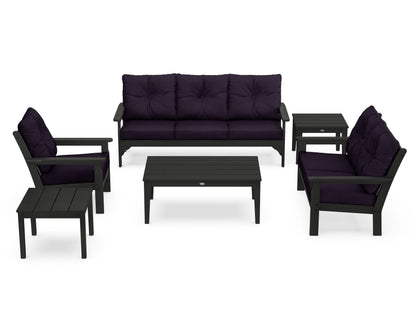POLYWOOD® Vineyard 6-Piece Deep Seating Set in Black / Navy Linen