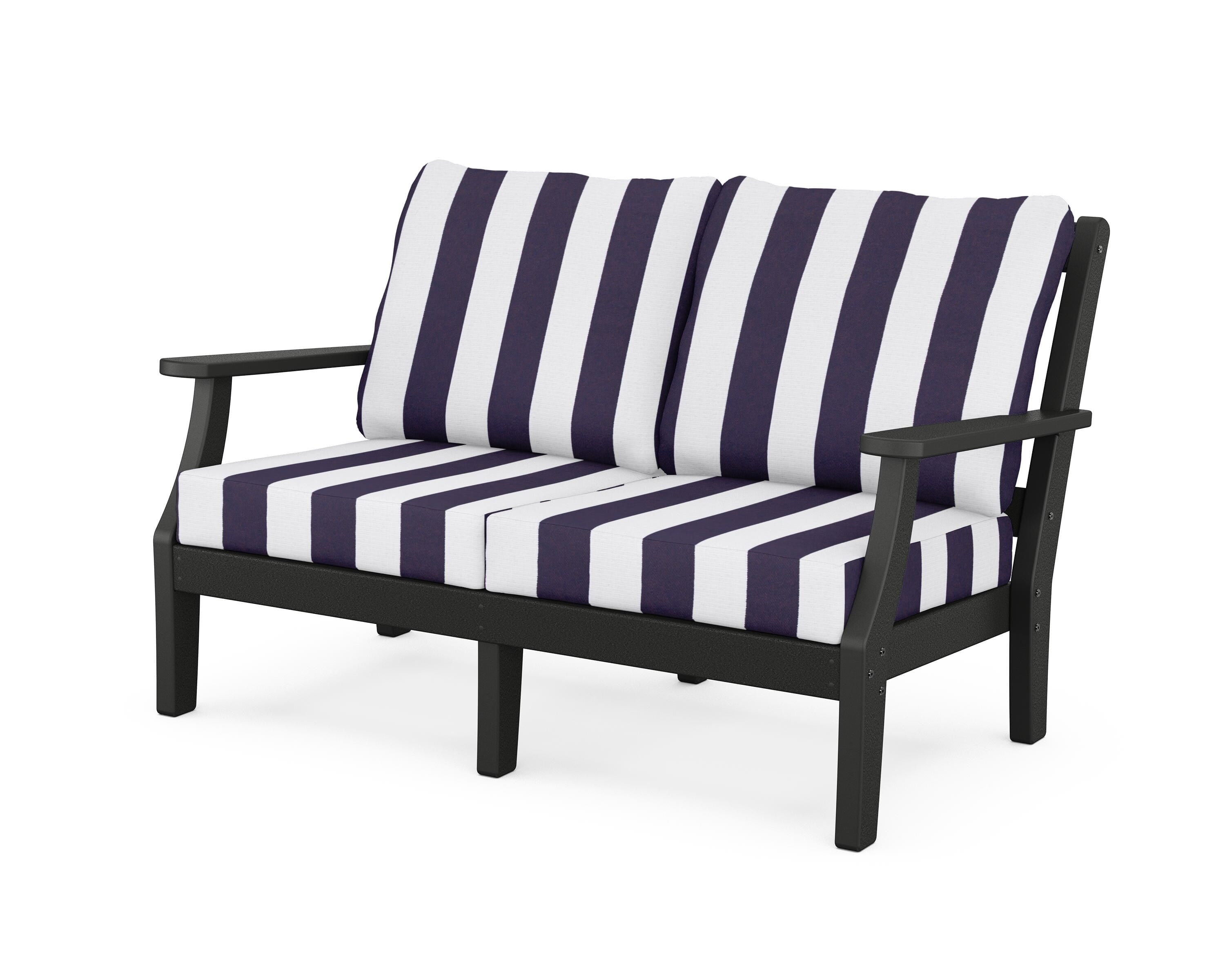 Martha Stewart by POLYWOOD® Chinoiserie Deep Seating Loveseat in Black / Cabana Stripe Navy