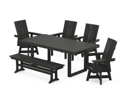 POLYWOOD® Modern Curveback Adirondack Swivel Chair 6-Piece Dining Set with Bench in Black