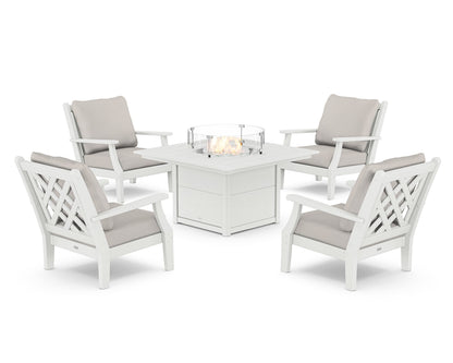 Country Living Wovendale 5-Piece Deep Seating Set with Fire Pit Table in White / Cast Ash