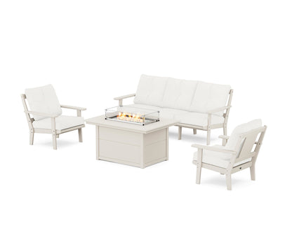 POLYWOOD® Prairie Deep Seating Fire Pit Table Set in Sand / Natural Linen