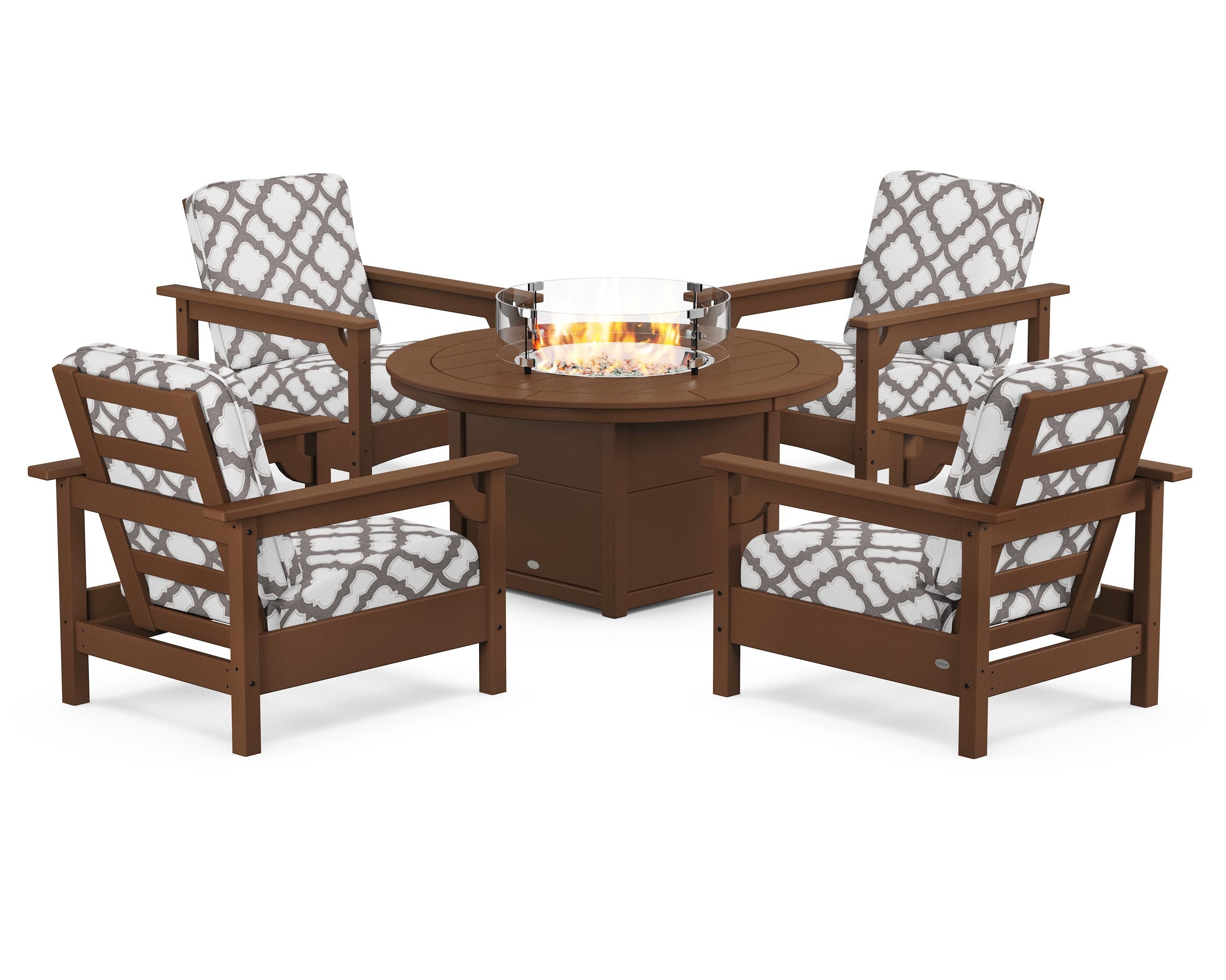 POLYWOOD® Club 5-Piece Conversation Set with Fire Pit Table in Teak / Trellis Grey Mist