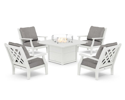 Country Living Wovendale 5-Piece Deep Seating Set with Fire Pit Table in White / Grey Mist