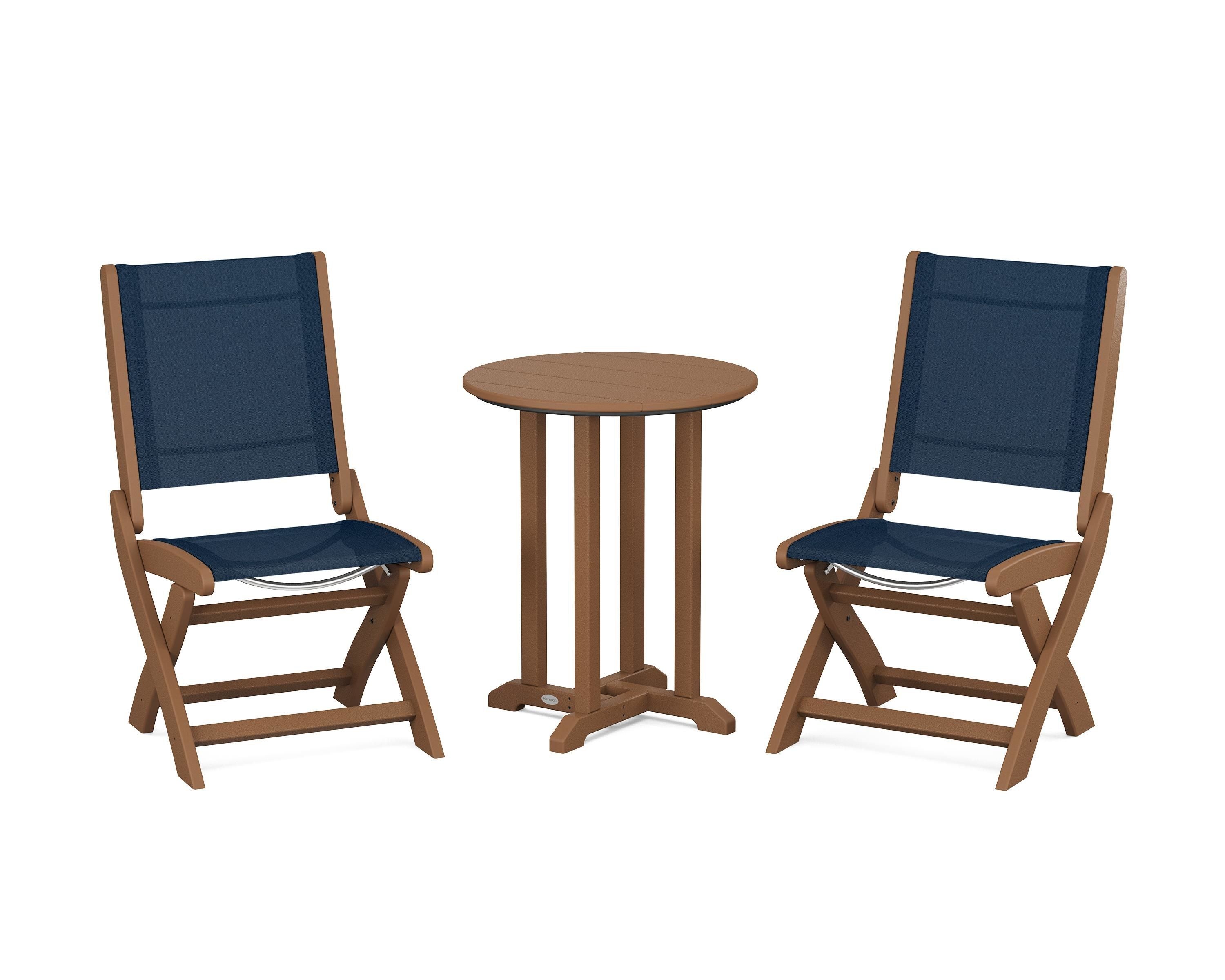 POLYWOOD® Coastal Folding Side Chair 3-Piece Round Bistro Dining Set in Teak / Navy Blue Sling
