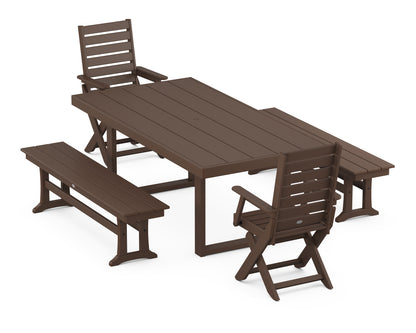 POLYWOOD® Captain Folding Chair 5-Piece Dining Set with Benches in Mahogany