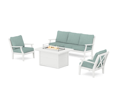 POLYWOOD® Braxton Deep Seating Fire Pit Table Set in White / Glacier Spa