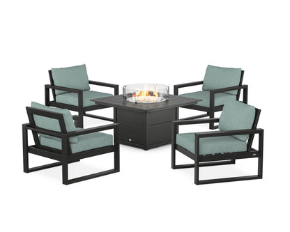 POLYWOOD® EDGE Sectional 5-Piece Deep Seating Set with Fire Pit Table in Black / Glacier Spa