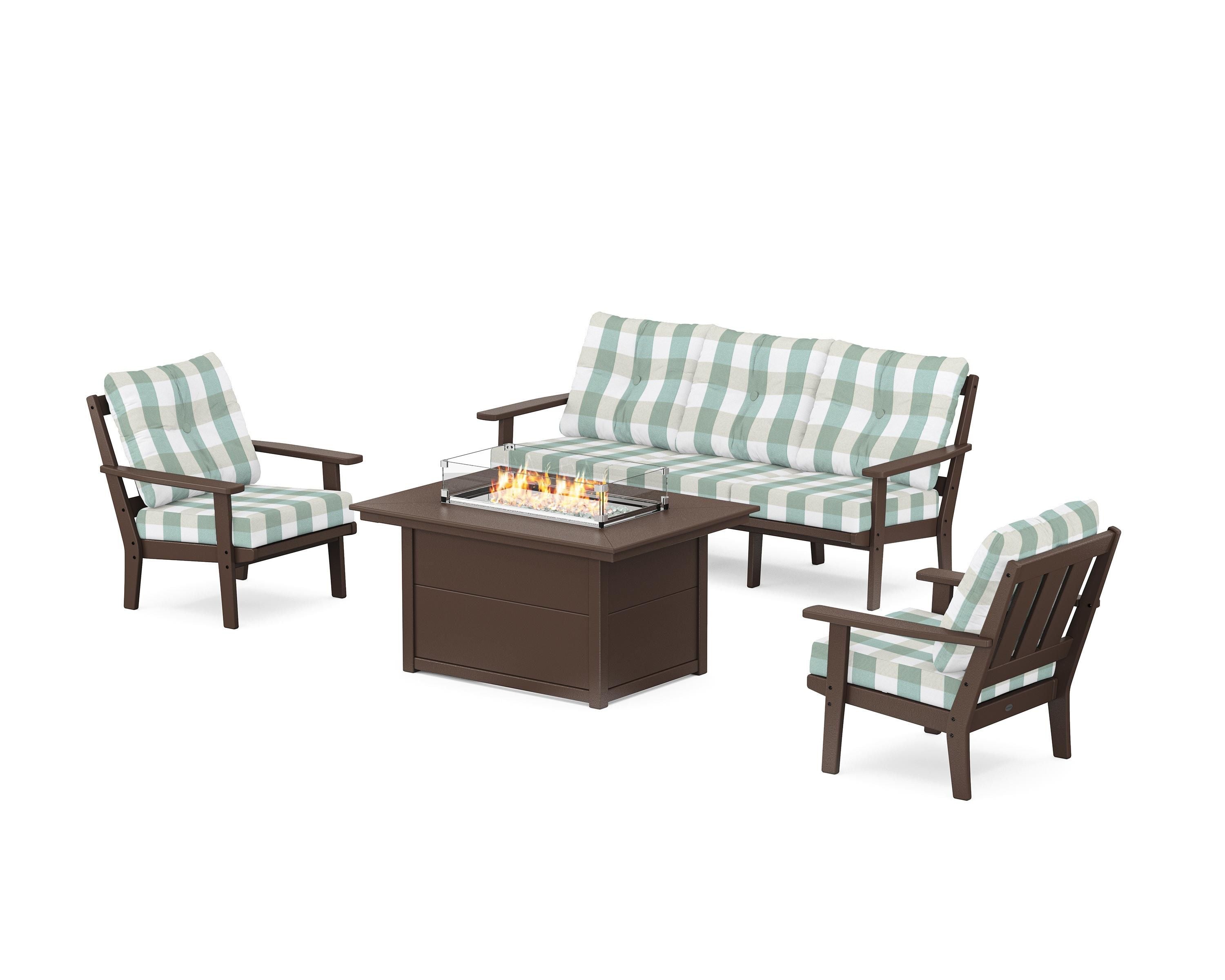 POLYWOOD® Oxford Deep Seating Fire Pit Table Set in Mahogany / Buffalo Plaid Glacier Spa
