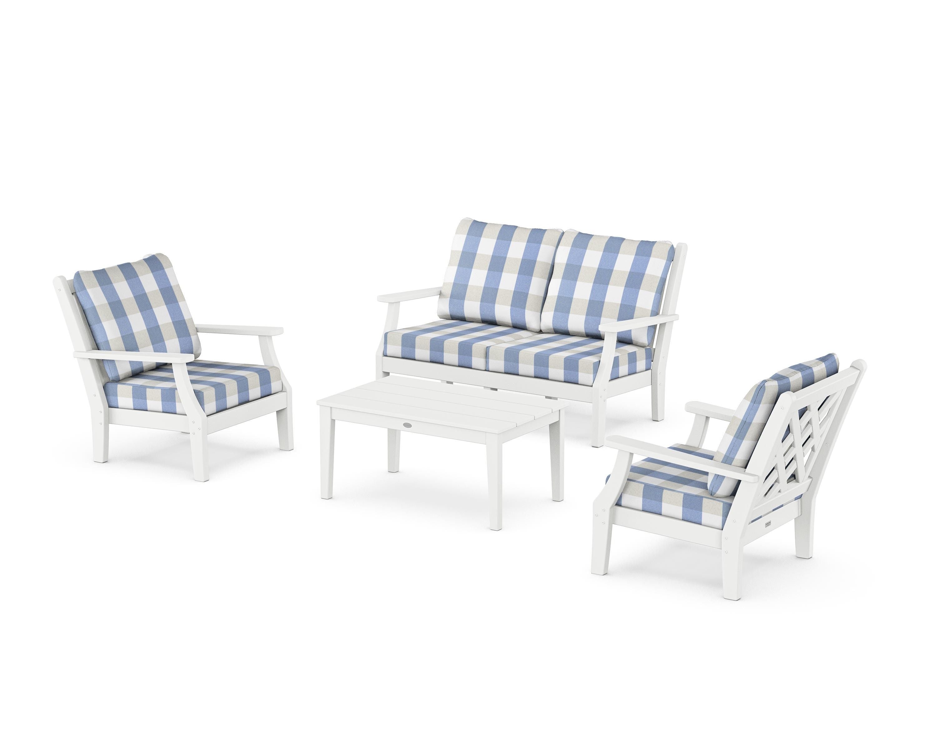 Country Living Wovendale 4-Piece Deep Seating Set with Loveseat in White / Buffalo Plaid Sky Blue
