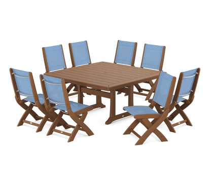 POLYWOOD® Coastal Folding Side Chair 9-Piece Dining Set with Trestle Legs in Teak / Poolside Sling