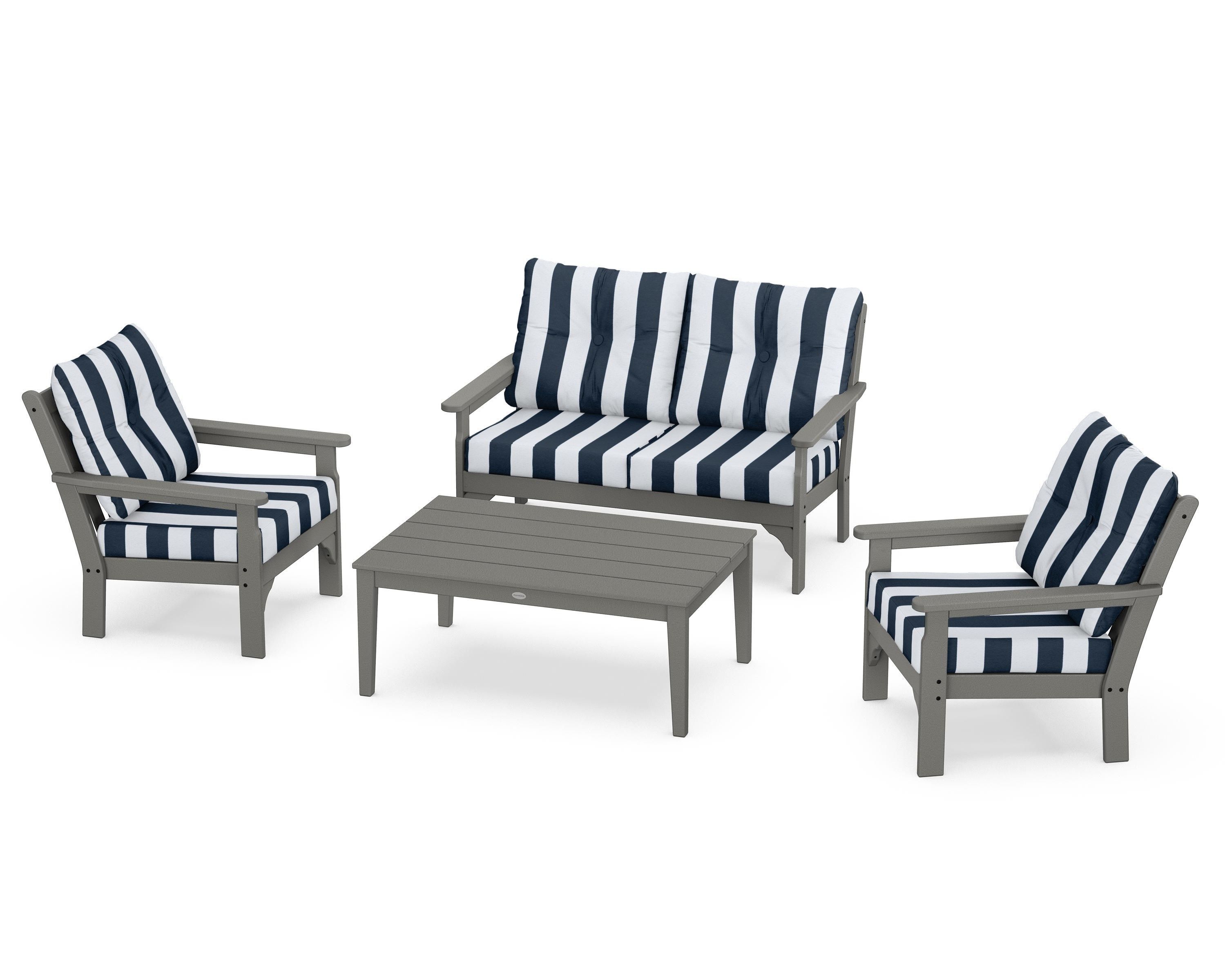 POLYWOOD® Vineyard 4-Piece Deep Seating Set in Slate Grey / Cabana Stripe Marine Indigo