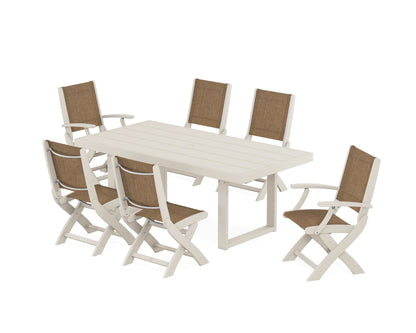 POLYWOOD® Coastal Folding Chair 7-Piece Dining Set with Trestle Legs in Sand / Burlap Sling
