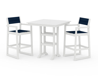 POLYWOOD® EDGE Sling Arm Chair 3-Piece Farmhouse Bar Set with Trestle Legs in White / Navy Blue Sling