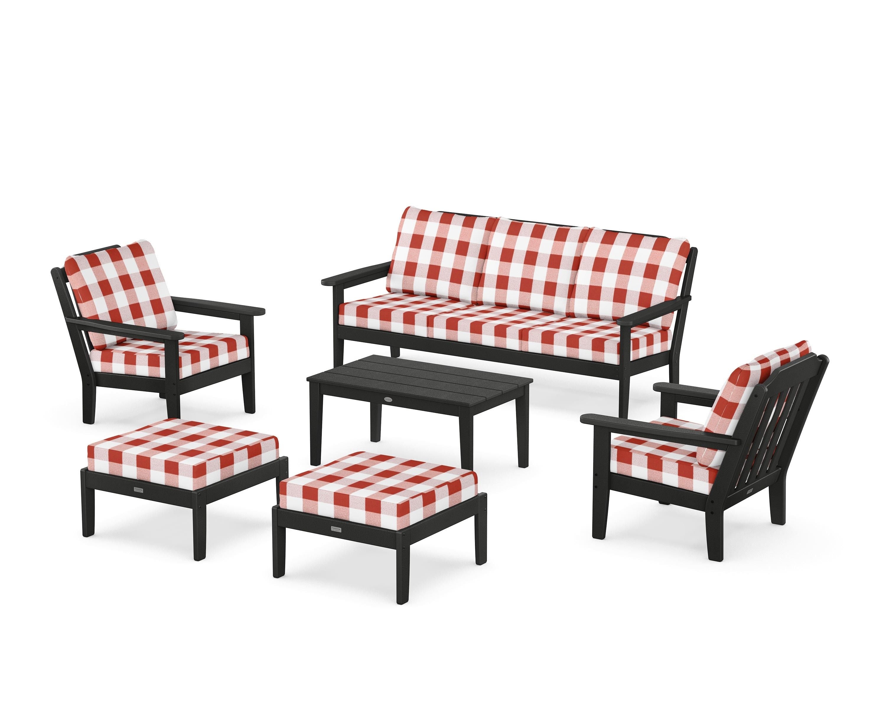 Country Living Cottage 6-Piece Lounge Sofa Set in Black / Buffalo Plaid Crimson
